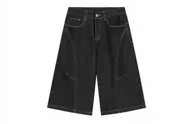 冰飞 美式复古高级感解构线条拼接简约基础款宽松休闲舒适七分潮牌潮流高街小众牛仔短裤 男女同款 原牛黑