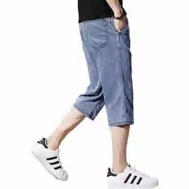 贵色 高街商务舒适纯色百搭宽松七分牛仔短裤 男女同款