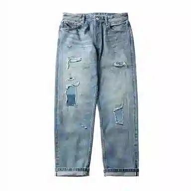 实年服工 水洗磨破补丁赤耳红边宽松直筒长裤牛仔裤 男款 浅蓝