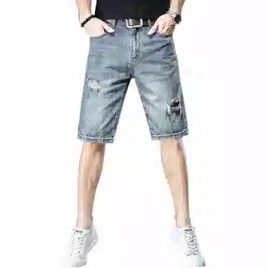 贵色 夏季 宽松潮流薄款穿搭五分裤休闲中裤复古乞丐破洞牛仔短裤 男女同款