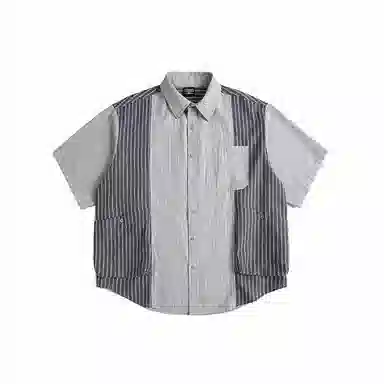 【dme】 复古撞色拼接条纹多口袋宽松休闲百搭短袖衬衫 男女同款