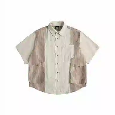 【dme】 复古撞色拼接条纹多口袋宽松休闲百搭短袖衬衫 男女同款