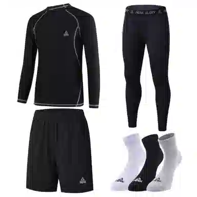 匹克 纯色运动圆领套头速干透气长袖长裤短裤袜子四件套健身套装 男款