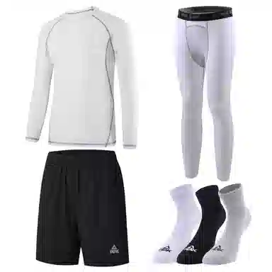 匹克 纯色运动圆领套头速干透气长袖长裤短裤袜子四件套健身套装 男款