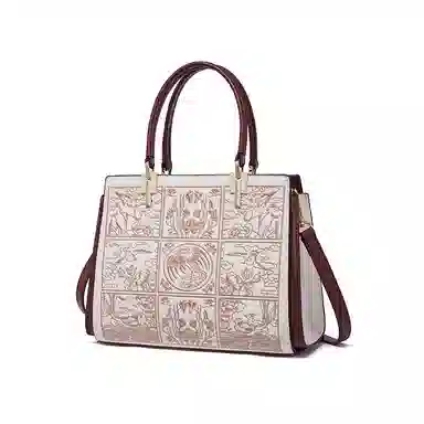 红蜻蜓 百搭国风刺绣质感图案高端时尚 牛皮 单肩手提包 女款 奶茶色