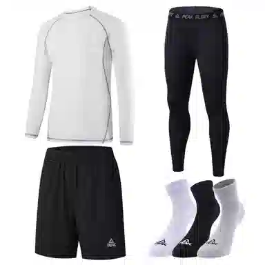 匹克 纯色运动圆领套头速干透气长袖长裤短裤袜子四件套健身套装 男款