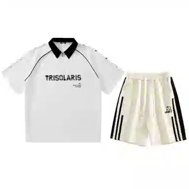 三体 文明系列 美式复古基础简约字母印花宽松短袖上衣条纹直筒短裤高街潮牌时尚舒适学生多巴胺日常休闲运动套装 男女同款