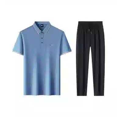 富铤 纯色套头翻领短袖通勤凉爽舒适长裤两件套休闲运动套装 男款