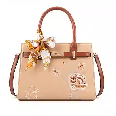 维尼奥 大气国风百合花刺绣小众大容量优雅妈妈 合成革 手提包单肩斜挎包 女款 米白色/杏色