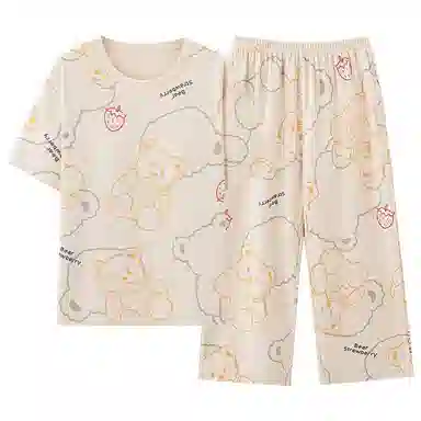 细舍 休闲短袖七分裤带胸垫卡通可爱家居服睡衣套装 女款 杏色