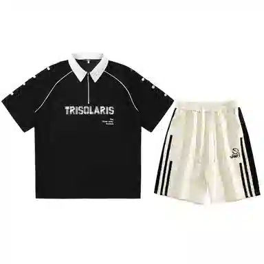 三体 文明系列 美式复古基础简约字母印花宽松短袖上衣条纹直筒短裤高街潮牌时尚舒适学生多巴胺日常休闲运动套装 男女同款