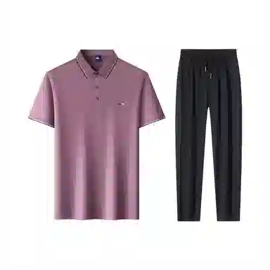 富铤 纯色套头翻领短袖通勤凉爽舒适长裤两件套休闲运动套装 男款