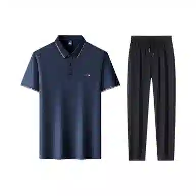 富铤 纯色套头翻领短袖通勤凉爽舒适长裤两件套休闲运动套装 男款