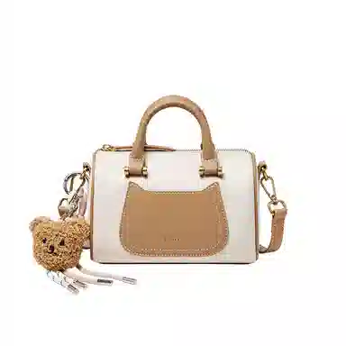 纳兰杜 上班通勤洋气高级感保龄球波士顿包 牛皮 单肩斜挎手提包 小号 女款 米白拼杏/子夜黑