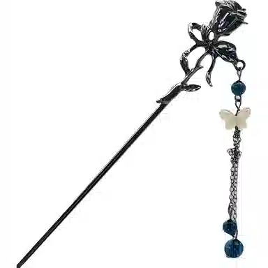 指尖瑰宝 玫瑰人生 新中式古风玫瑰蝴蝶发饰 高级感立体不规则清冷风 甜酷个性 合金 发簪 女款