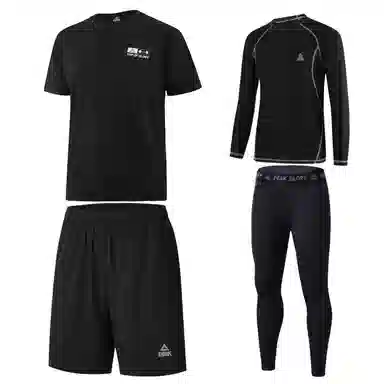 匹克 纯色运动圆领套头速干透气健身套装 男款 四件套