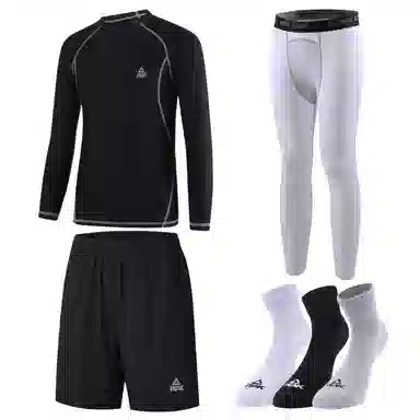 匹克 纯色运动圆领套头速干透气长袖长裤短裤袜子四件套健身套装 男款