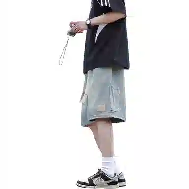 羽浅 工装五分裤水洗做旧直筒宽松抽绳复古牛仔短裤 男女同款