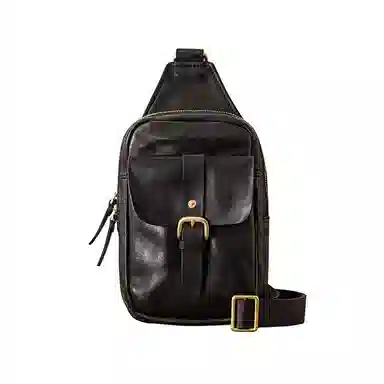 后步 小众复古通勤休闲 植鞣工艺百搭时尚潮牌骑行包 牛皮 胸包 男款 黑色