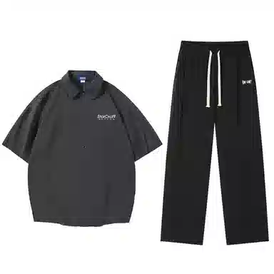 星际者 基础款简约纯色五分袖衬衫休闲宽松直筒垂感长裤衬衫套装 男女同款