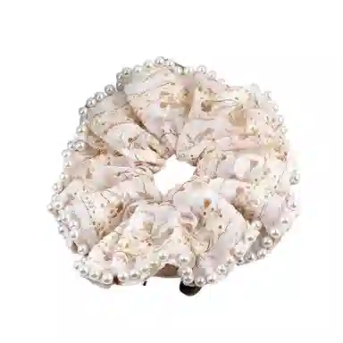 彤彤兔 高亮珍珠边刺绣花朵大肠田园风高级感气质丸子头发饰 蕾丝 发圈 女款