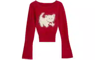 柏黛妃 动物图案小猫咪短款圆领毛衣 女款 红色