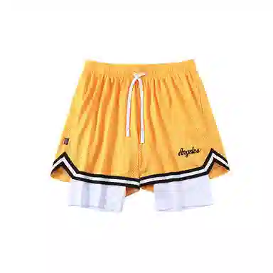 美式风格网眼带内衬假两件速干透气运动训练拼接撞色多场景适用短裤篮球裤 男款