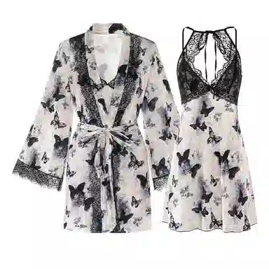 潞优野 甜美蝴蝶提花吊带睡裙长袖外袍睡衣套装 女款 米色
