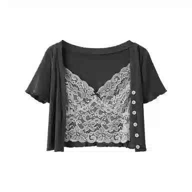 JUFU V-Neck Lace T-Shirt