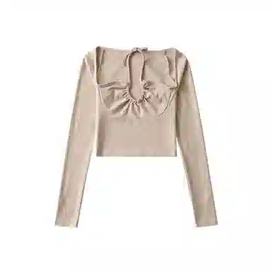 JUFU V-Neck Long Sleeve Tee Beige