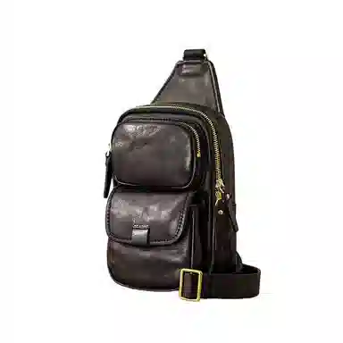 后步 小众高级感潮流时尚个性百搭通勤 头层牛皮 胸包 中号 男女同款情侣款 黑色