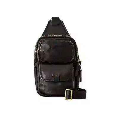 后步 小众高级感潮流时尚个性百搭通勤 头层牛皮 胸包 中号 男女同款情侣款 黑色