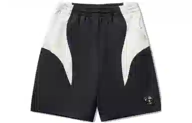 中国李宁 拼接中腰直筒宽松运动短裤 男款 黑色米白色