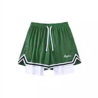 美式风格网眼带内衬假两件速干透气运动训练拼接撞色多场景适用短裤篮球裤 男款