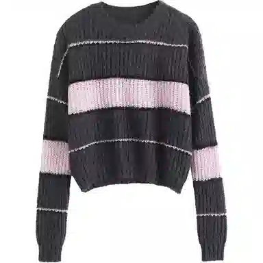 【dme】 休闲宽松条纹圆领长袖毛衣 女款 深灰