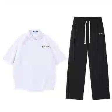 星际者 基础款简约纯色五分袖衬衫休闲宽松直筒垂感长裤衬衫套装 男女同款