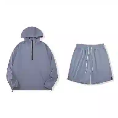 我是大卫 韩版连帽钓鱼防晒服薄款宽松百搭五分短裤休闲运动套装 男款 灰色