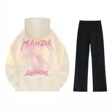 棉致 美式高街闪电字母印花宽松休闲百搭套头落肩长袖上衣水洗做旧微喇牛仔裤连帽卫衣套装 男女同款