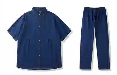 我是大卫 美式复古牛仔短袖上衣重工车线拼接水洗工装长裤衬衫套装 通用 蓝色