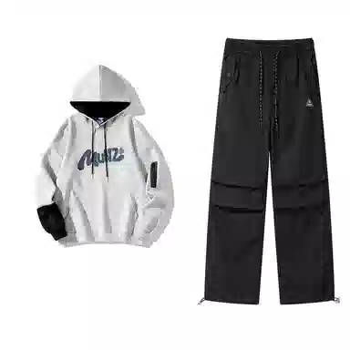 星际者 连帽字母印花简约上衣阔腿直筒美式高街运动休闲工装裤卫衣套装 男女同款