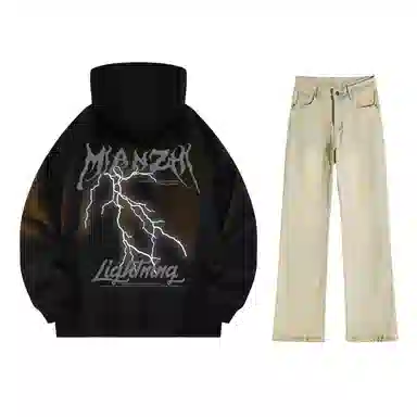 棉致 美式高街闪电字母印花宽松休闲百搭套头落肩长袖上衣水洗做旧微喇牛仔裤连帽卫衣套装 男女同款