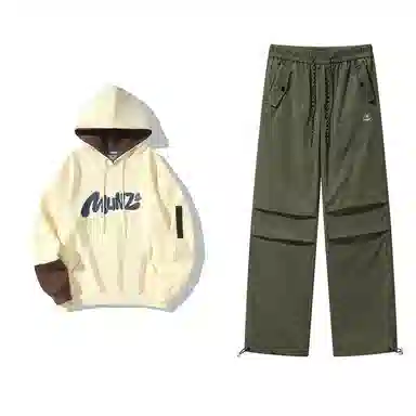 星际者 连帽字母印花简约上衣阔腿直筒美式高街运动休闲工装裤卫衣套装 男女同款