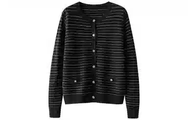 恒源祥 亮丝条纹针织单排扣开衫长袖毛衣 女款