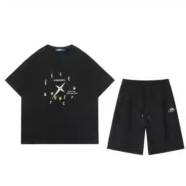 星际者 基础款创意时钟字母印花短袖潮牌中腰系带短裤休闲运动套装 男女同款