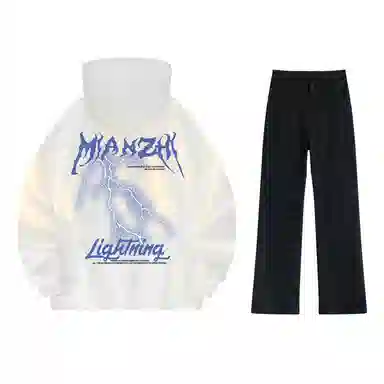 棉致 美式高街闪电字母印花宽松休闲百搭套头落肩长袖上衣水洗做旧微喇牛仔裤连帽卫衣套装 男女同款