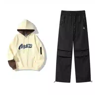 星际者 连帽字母印花简约上衣阔腿直筒美式高街运动休闲工装裤卫衣套装 男女同款