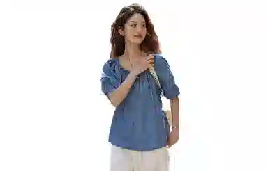 【dme】 学院风泡泡袖圆领抽绳连肩袖牛仔短袖衬衫 女款 中牛仔蓝