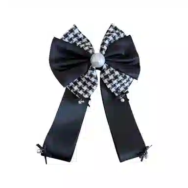 希铃 千金风大气时尚 千鸟格缎面蝴蝶结珍珠 优雅法式流苏 纯棉 发夹 女款
