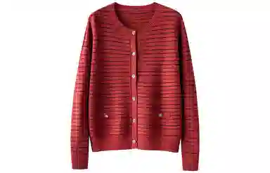 恒源祥 亮丝条纹针织单排扣开衫长袖毛衣 女款