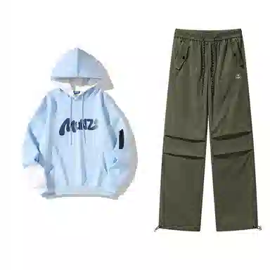 星际者 连帽字母印花简约上衣阔腿直筒美式高街运动休闲工装裤卫衣套装 男女同款